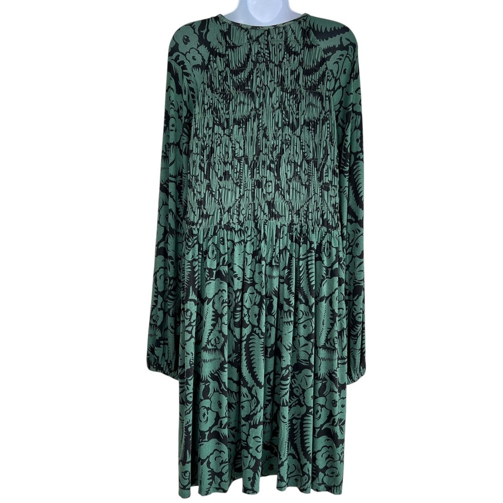 Boden Floral Smocked Dress Sz 12 Green Black Midi Long Sleeve Boho Cottage - Picture 3 of 8